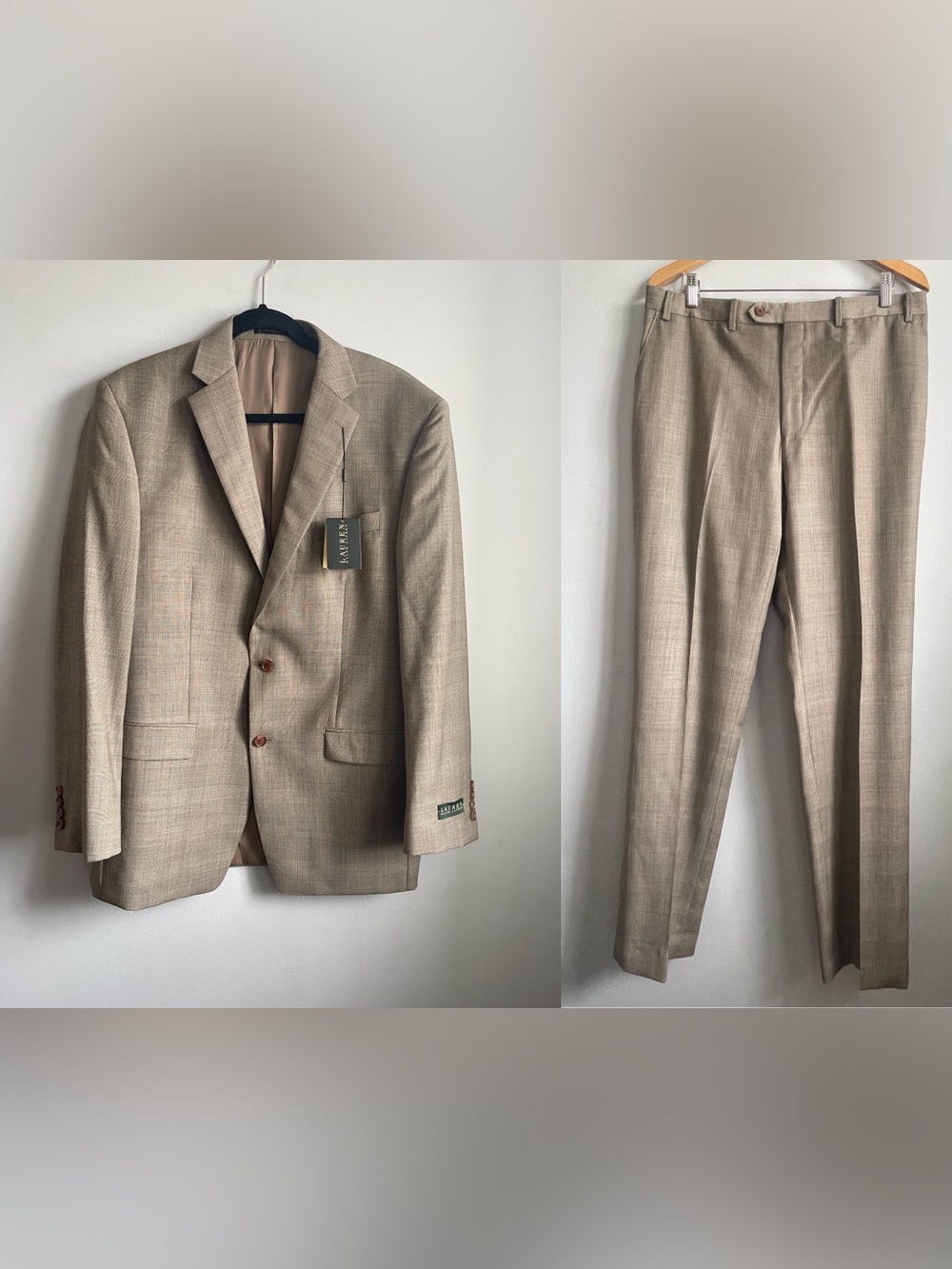 BWT Lauren Ralph Lauren Men’s 100% Wool Tan Blue Plaid Two-Piece Suit 42L 36W